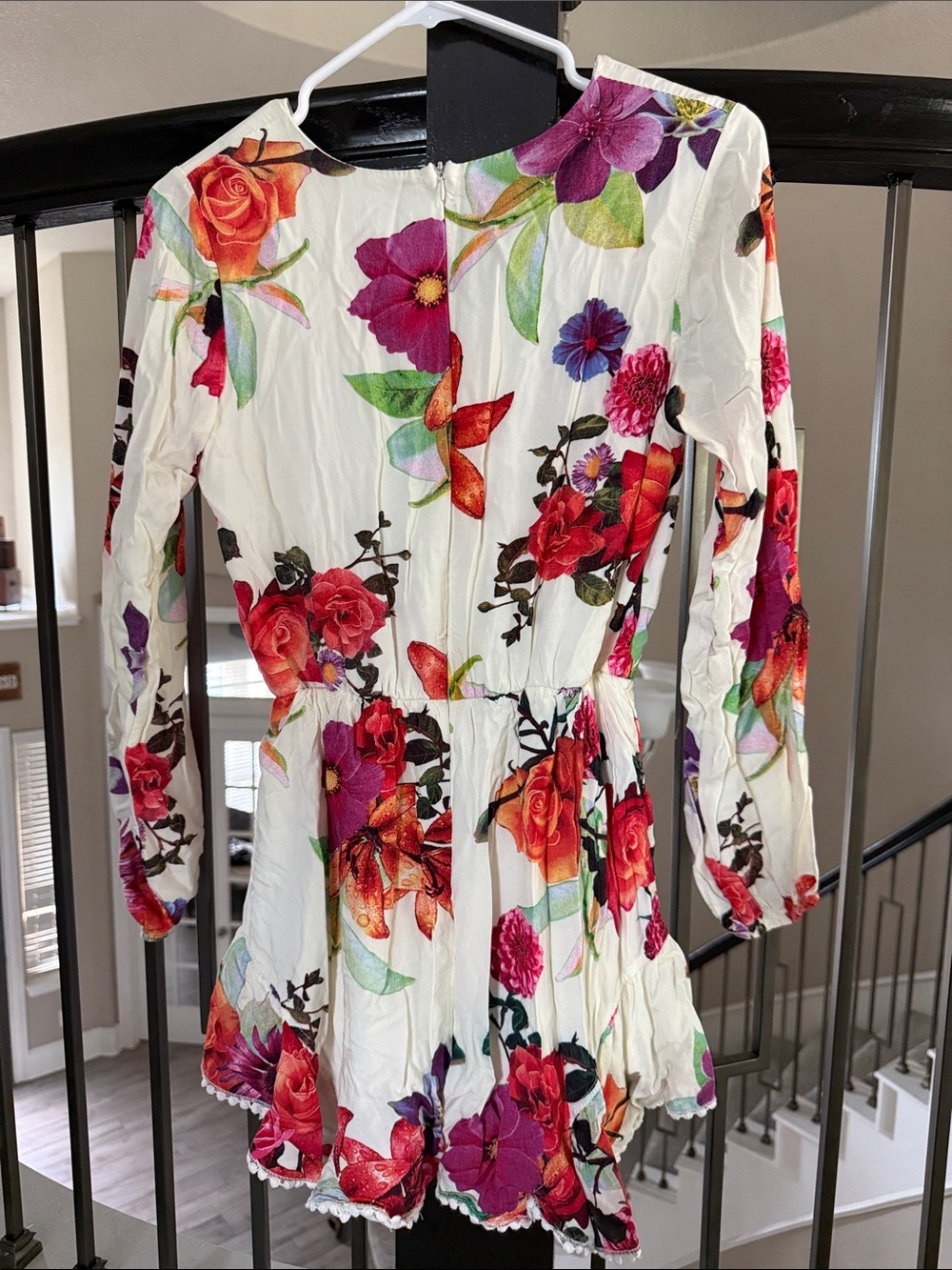 Cream V-Neck Dress with Red, Pink and Orange Floral Print - Picture 5 of 8